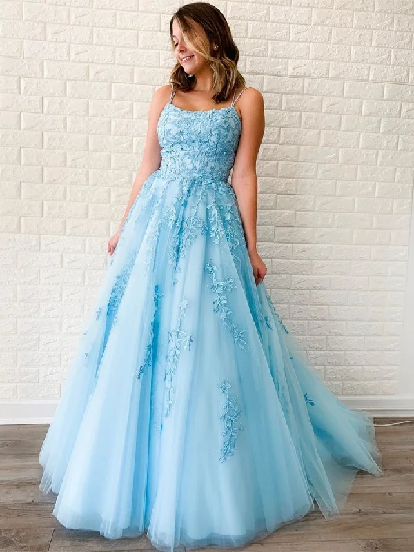New Markdowns A Line Sky Blue Lace Backless Long Prom Dresses, Backless Sky Blue Lace Formal Dresses, Sky Blue Evening Dresses