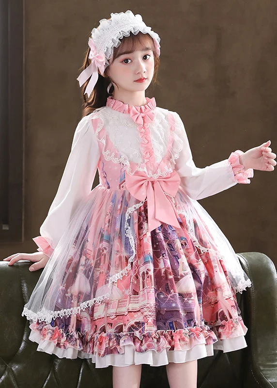 Loyalty Reward Lovely Pink Ruffled Print Bow Patchwork Tulle Kids Girls Dress Fall