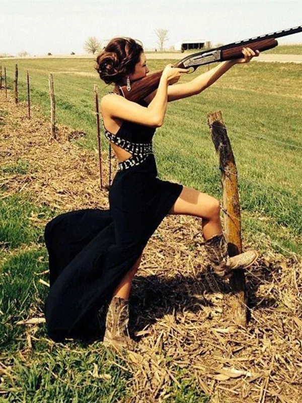 Price Slash A-line Open Back Black Long Prom Dresses, Evening Dresses