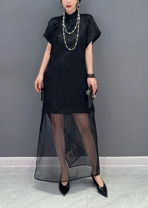 wrap-around dresswrap-around dressChinese Style Black Jacquard Tulle Patchwork Silk Long Dress Summer