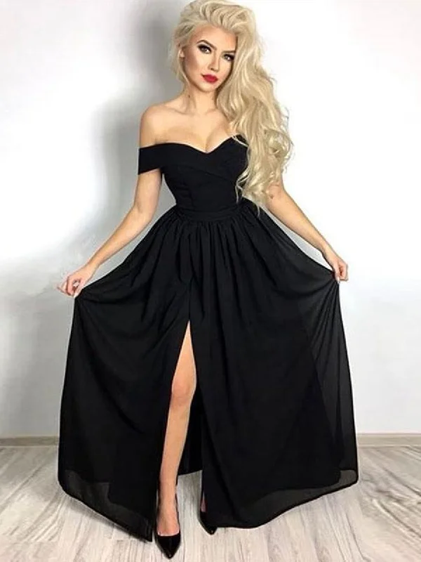Extra Savings Simple Black Off Shoulder Chiffon Long Prom Dresses with Leg Slit, Off Shoulder Black Formal Dresses Chiffon Slit Evening Dresses