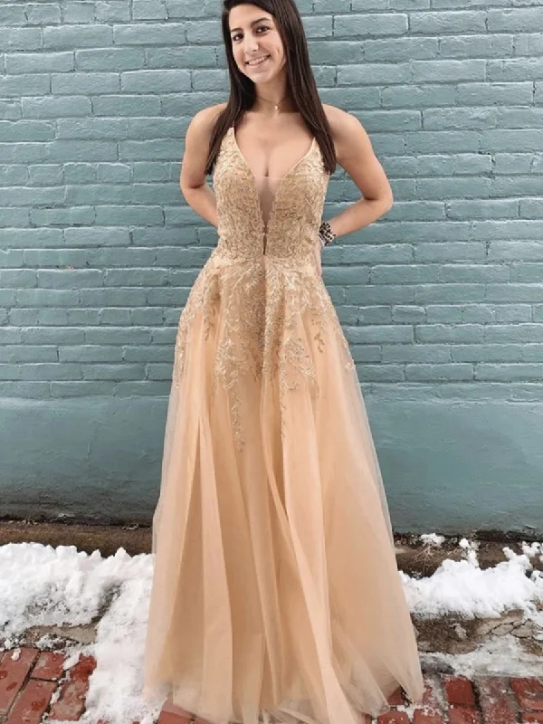 Seasonal Sale A Line Neck Champagne Lace Long Prom Dresses, Champagne Lace Formal Dresses, Champagne Evening Dresses Seasonal Sale A Line Neck Champagne Lace Long Prom Dresses, Champagne Lace Formal Dresses, Champagne Evening Dresses