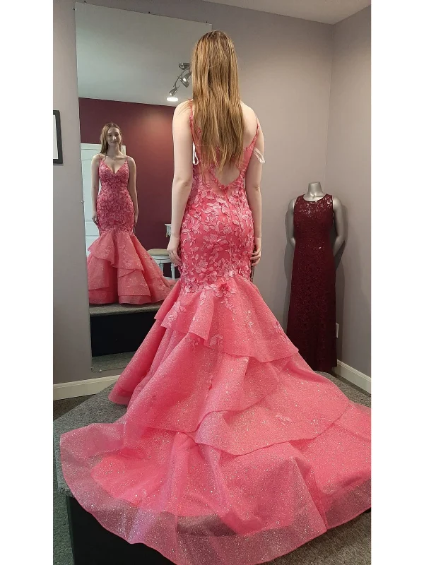 trendy wrap dresstrendy wrap dressGorgeous V Neck Open Back Mermaid Hot Pink Lace Long Prom Dresses, Hot Pink Lace Formal Evening Dresses, Hot Pink Ball Gown SP3009