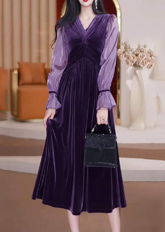 Online Specials Bohemian Purple V Neck Patchwork Wrinkled Silk Velour Long Dresses Long Sleeve Online Specials Bohemian Purple V Neck Patchwork Wrinkled Silk Velour Long Dresses Long Sleeve