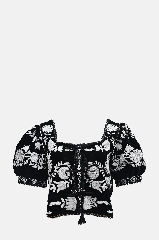 casual workout hoodieIrene Embroidery Velvet Puff Slv Top