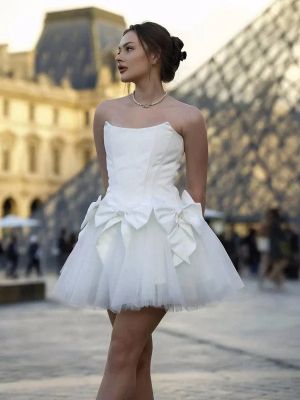 statement dressstatement dressStrapless White Satin Short Prom Dresses, White Homecoming Dresses, Short Formal Evening Dresses SP2984