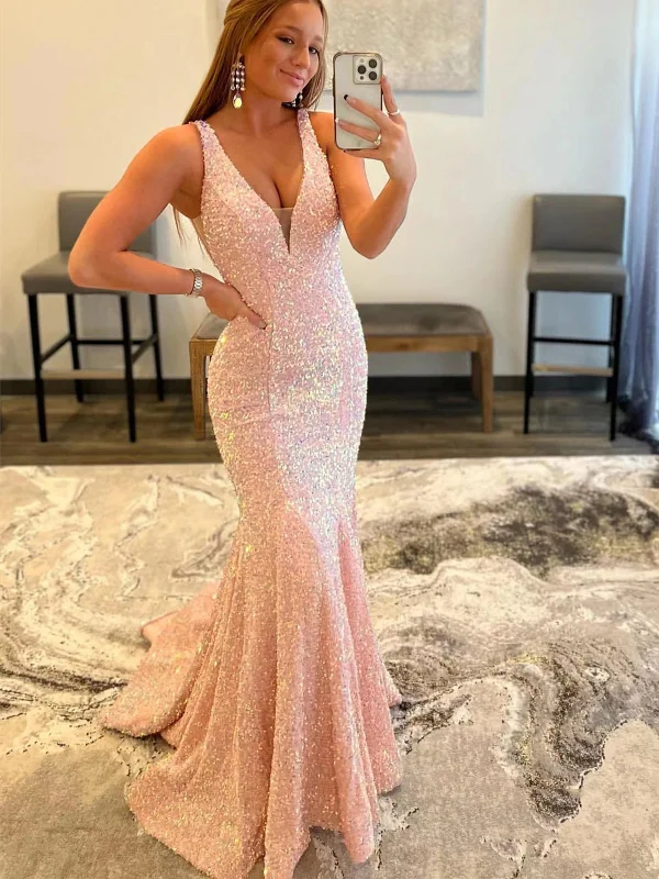 chic slip dresschic slip dressShiny Pink Sequins V Neck Open Back Mermaid Long Prom Dresses, Mermaid Pink Formal Graduation Evening Dresses SP2361