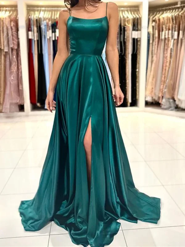 While Supplies Last Simple Backless Dark Green Satin Long Prom Dresses with High Slit, Dark Green Formal Graduation Evening Dresses SP2545