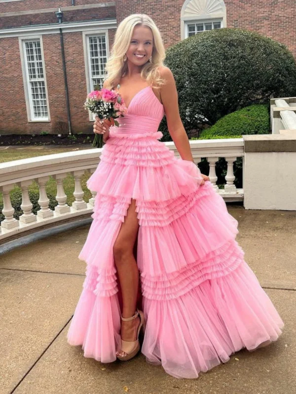 one-shoulder dressone-shoulder dressGorgeous V Neck Layered Pink Tulle Long Prom Dresses with High Slit, Long Pink Tulle Formal Evening Dresses SP2661