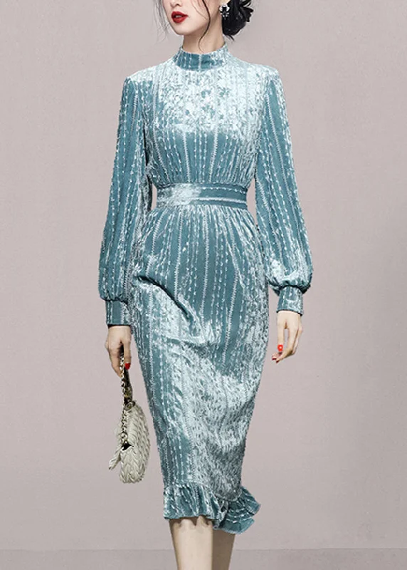 Great Bargains Elegant Light Blue Stand Collar Ruffled Patchwork Velour Dress Fall