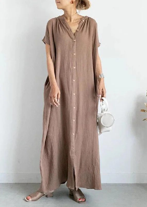 comfy dresscomfy dressFashion Khaki V Neck Patchwork Cotton Ankle Dresses Summer