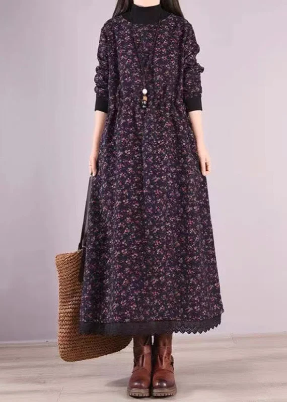 Last Chance Navy Print Pockets Patchwork Warm Fleece Dresses Drawstring Winter