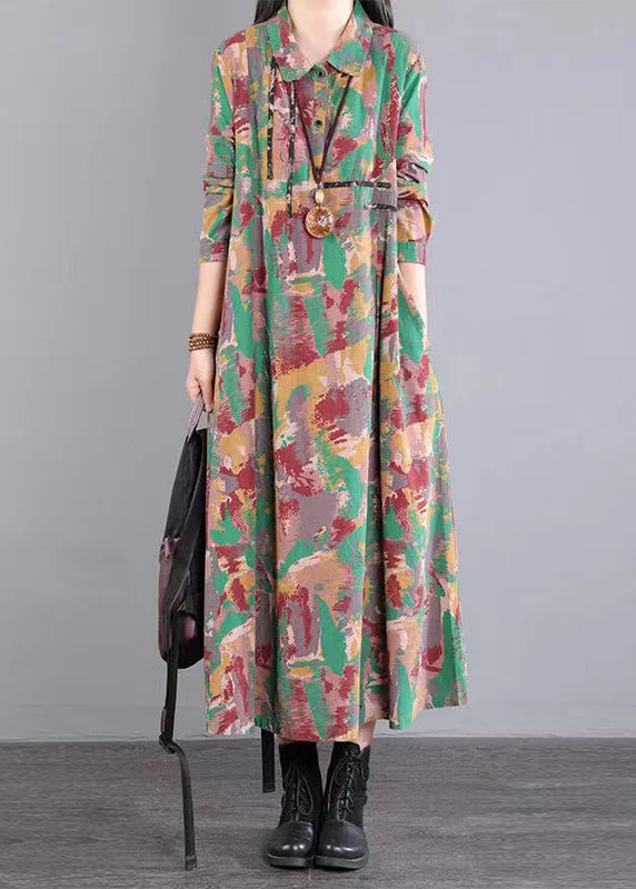 Markdown Madness Green Print Pockets Patchwork Cotton Long Dress Peter Pan Collar Fall