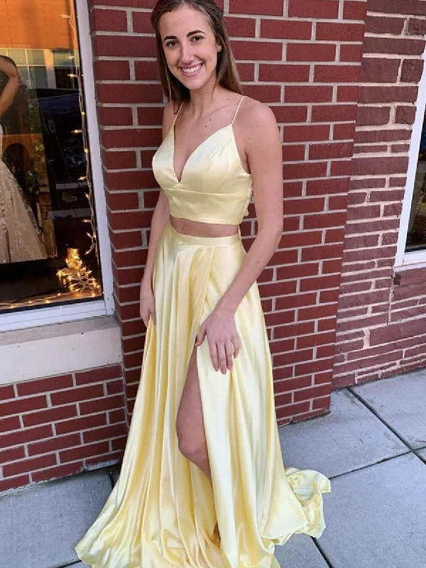 Closeout Two Pieces V Neck Long Yellow Prom Dresses with Slit, 2 Pieces Yellow Formal Graduation Evening Dresses Closeout Two Pieces V Neck Long Yellow Prom Dresses with Slit, 2 Pieces Yellow Formal Graduation Evening Dresses