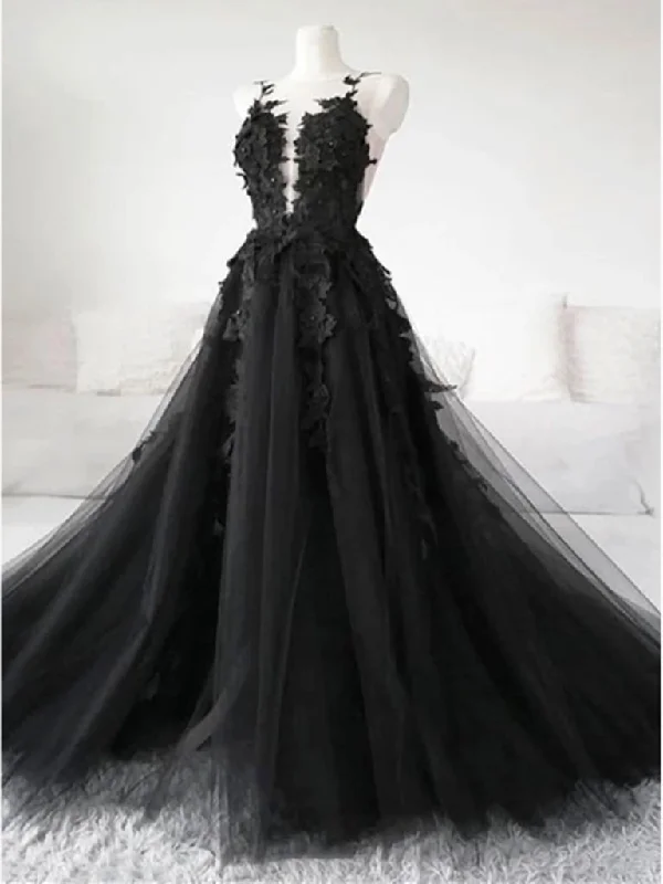Clearance Event Black Tulle Lace Appliques Long Prom Dresses, Black Lace Formal Dresses, Black Evening Dresses