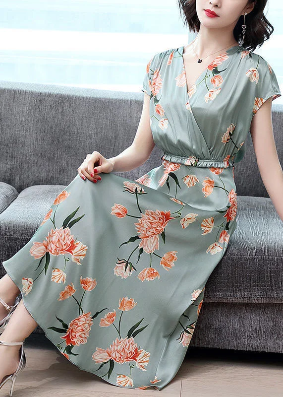 Weekend Deal Style Light Green Cinched Print Silk Vacation Dresses Summer