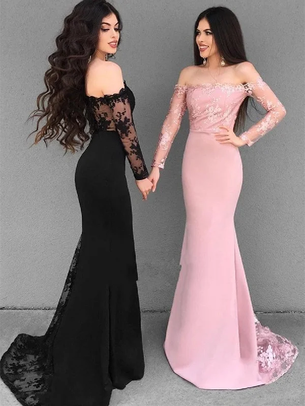 floral dressfloral dressOff Shoulder Long Sleeves Mermaid Lace Black/Pink Prom Dresses, Lace Black Bridesmaid Dresses, Formal Dresses