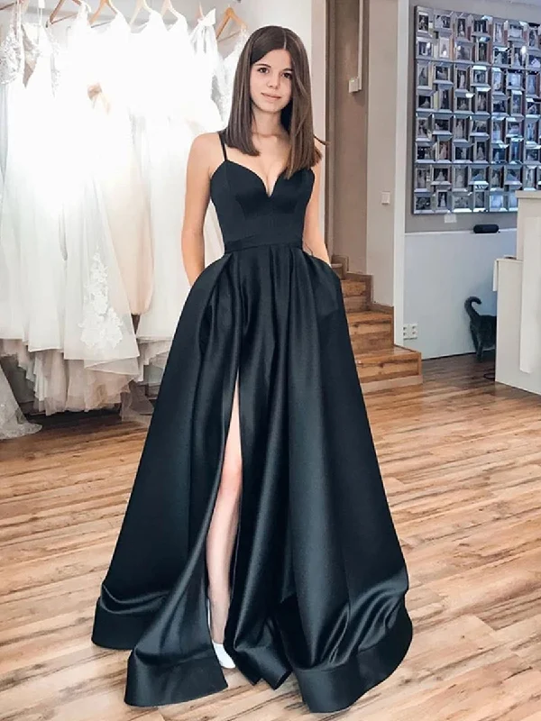 Loyalty Reward Simple A Line Satin Black Long Prom Dresses with High Slit, Long Black Formal Dresses, Black Evening Dresses Loyalty Reward Simple A Line Satin Black Long Prom Dresses with High Slit, Long Black Formal Dresses, Black Evening Dresses