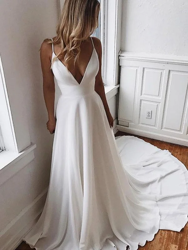 Discount Deals A Line V Neck White Wedding Dresses with Sweep Train, White V Neck Long Prom Dresses, White Formal Dresses Evening Dresses Discount Deals A Line V Neck White Wedding Dresses with Sweep Train, White V Neck Long Prom Dresses, White Formal Dresses Evening Dresses