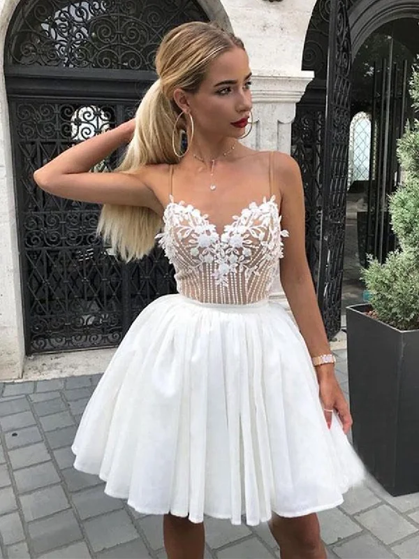 Value Deals A Line V Neck Short White Lace Prom Dresses with Straps, White Lace Formal Graduation Evening Dresses