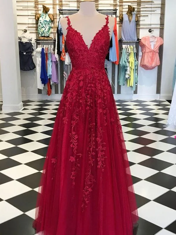 Sale Event A Line V Neck Spaghetti Straps Floor Length Backless Burgundy/Red Lace Long Prom Dresses, Lace Burgundy/Red Formal Dresses Sale Event A Line V Neck Spaghetti Straps Floor Length Backless Burgundy/Red Lace Long Prom Dresses, Lace Burgundy/Red Formal Dresses