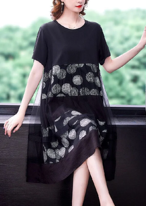 Value Deals Loose Black O-Neck Patchwork Tulle Cotton Fake Two Piece Dress Summer
