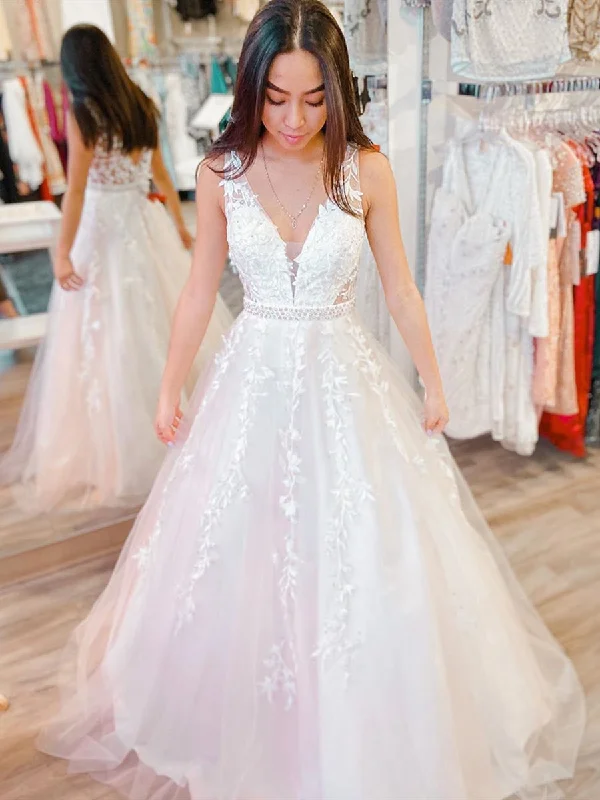 Overstock V Neck White Lace Long Prom Dresses with Belt, White Lace Formal Dresses, White Evening Dresses, Wedding Dresses