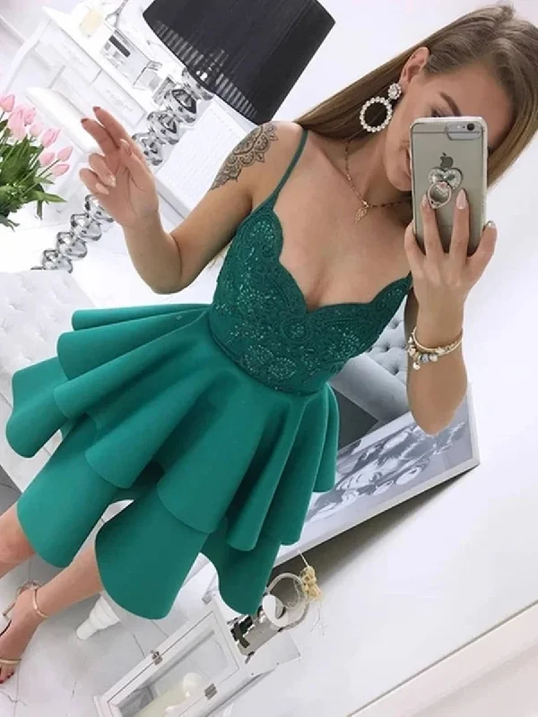 stylish party dressstylish party dressCute Spaghetti Straps Green Lace Short Prom Homecoming Dresses, Layered Green Lace Formal Graduation Evening Dresses