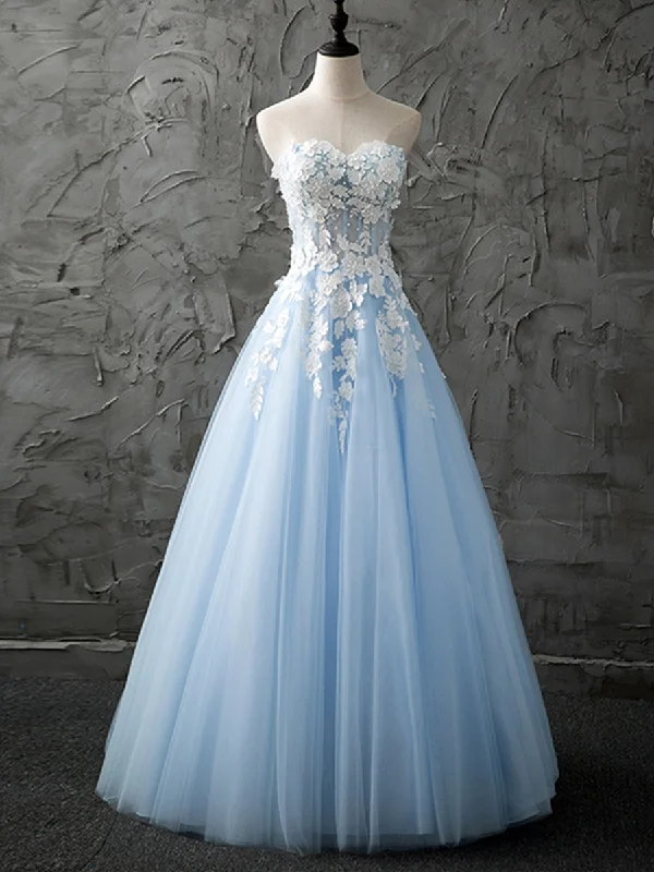 Overstock Sale Strapless Sweetheart Neck White Lace Light Blue Prom Dresses, Strapless Open Back Light Blue Lace Formal Graduation Evening Dresses with Appliques Overstock Sale Strapless Sweetheart Neck White Lace Light Blue Prom Dresses, Strapless Open Back Light Blue Lace Formal Graduation Evening Dresses with Appliques