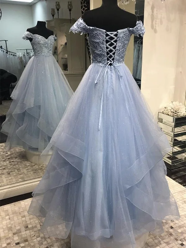 Final Markdown Sparkly Off Shoulder Blue Lace Long Prom Dresses, Off the Shoulder Blue Formal Dresses, Blue Lace Evening Dresses
