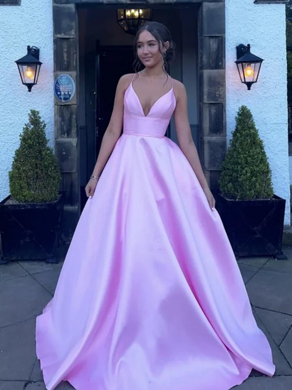 vintage-inspired dressvintage-inspired dressA Line V Neck Pink Satin Long Prom Dresses, Long Pink Formal Graduation Evening Dresses SP3023