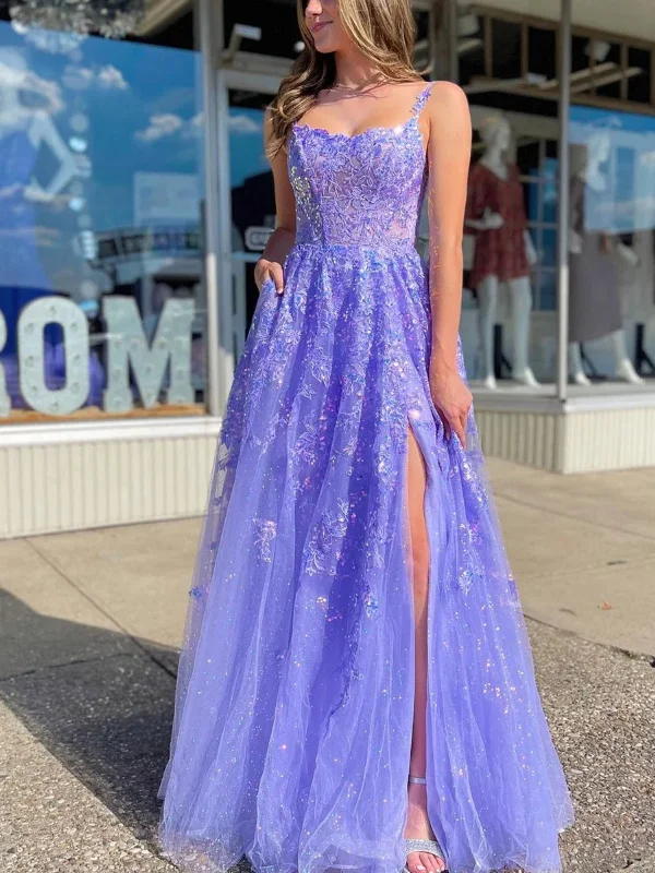 denim dressdenim dressOpen Back Lavender Lace Long Prom Dresses with Sequins, Lavender Lace Formal Dresses, Lavender Evening Dresses with High Slit SP2815