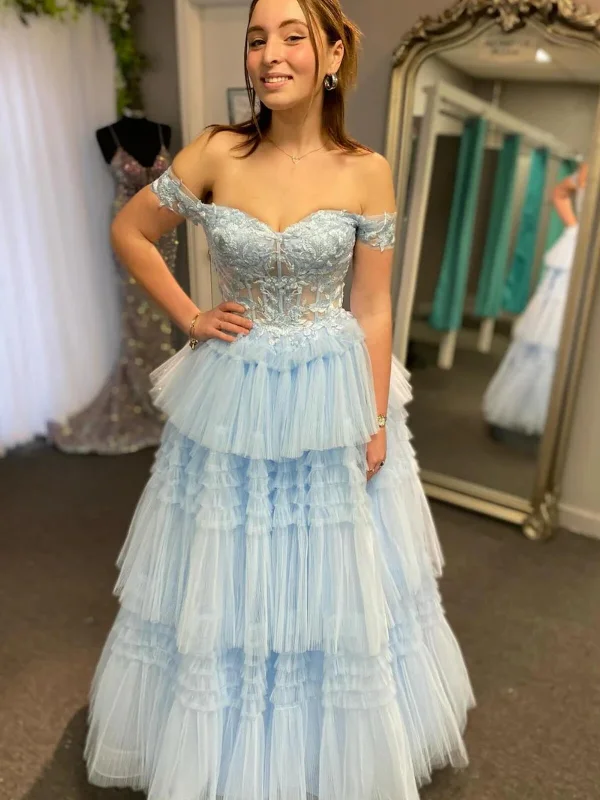 minimalistic dressminimalistic dressOff Shoulder Layered Light Blue/Sage Lace Long Prom Dresses, Off the Shoulder Formal Dresses, Light Blue/Sage Evening Dresses SP3070