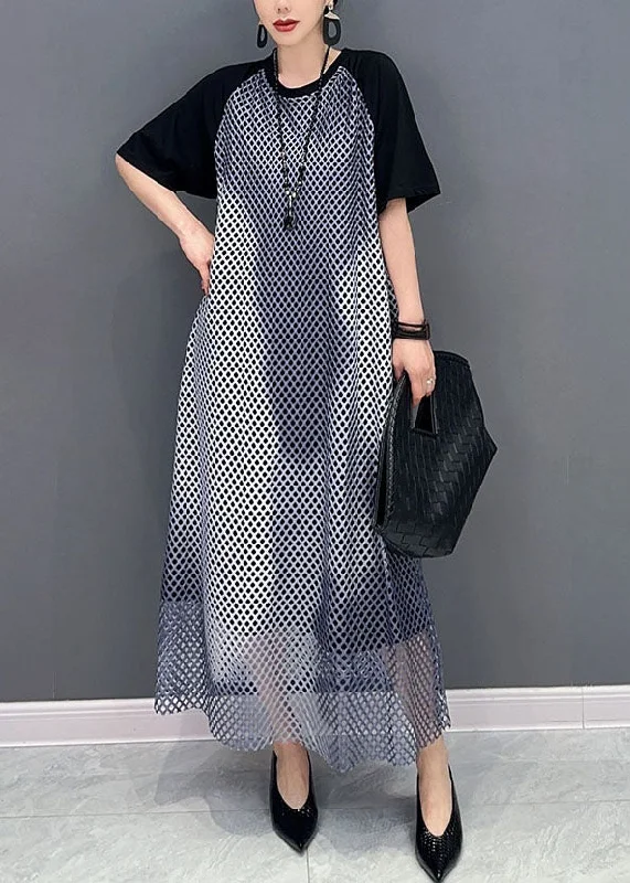 luxury dressluxury dressBlack Patchwork Cotton Maxi Dresses O Neck Sheer Mesh Short Sleeve