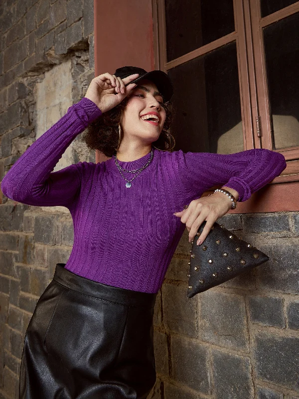 Discount Mania Women Purple Rib Full Sleeves High Neck Sweater