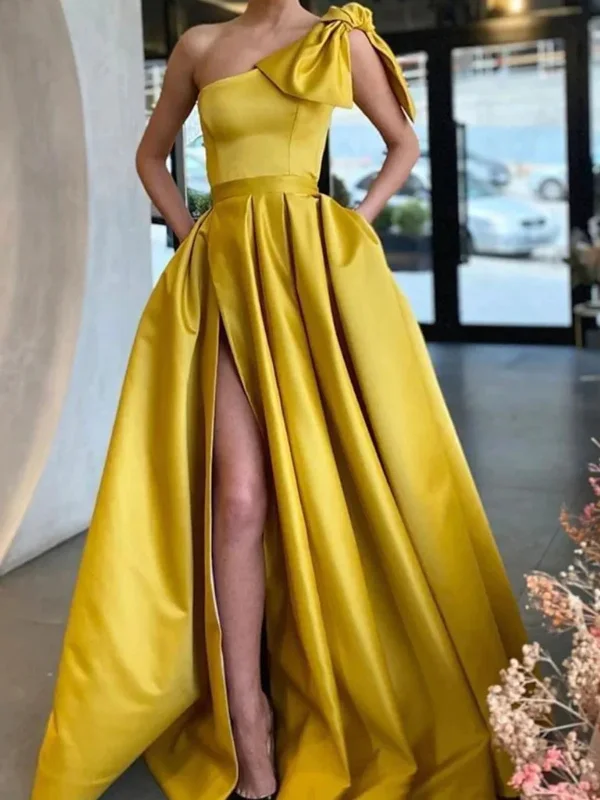 Incredible Offers One Shoulder Yellow Satin Long Prom Dresses with High Slit, Long Yellow Formal Graduation Evening Dresses SP2496