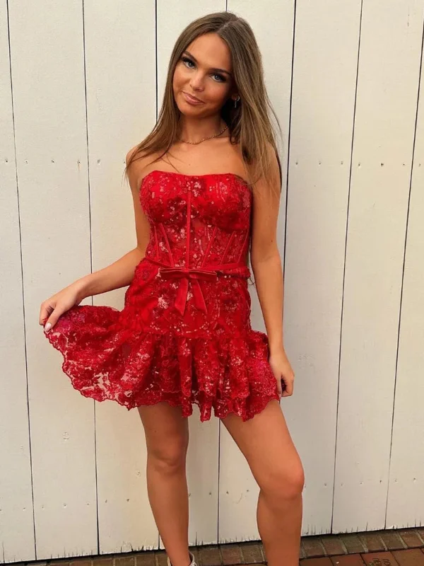 casual day dresscasual day dressPrincess Strapless Red Lace Short Prom Dresses, Red Lace Homecoming Dresses, Red Formal Evening Dresses SP2758