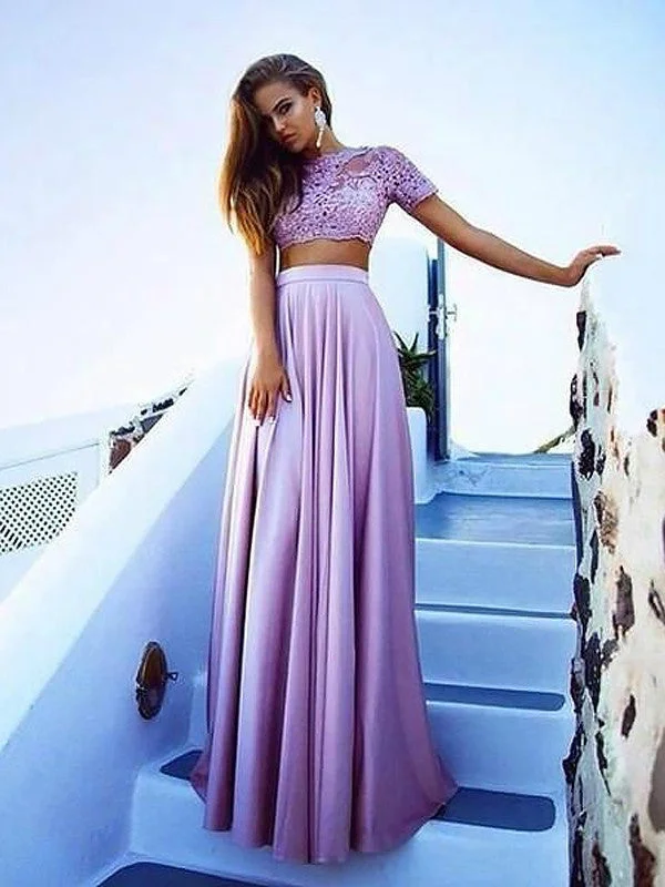 party dressparty dressA Line Short Sleeves Two Pieces Lace Purple Prom Dress, Lace Formal Dress, Graduation Dress