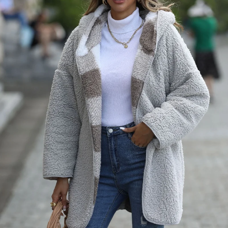 Bargain Blast Long Sleeve Loose Plaid Puffer Coat without Buttons