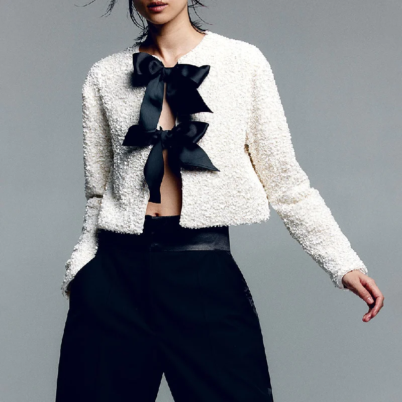 Midnight Sale Luxury Big Bow Tie Crew Neck Long Sleeve Sequin Velvet Crop Jacket