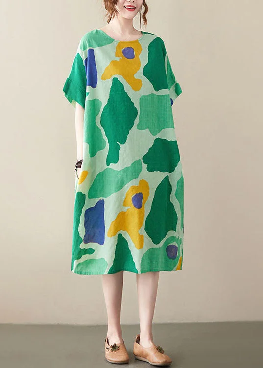 Price Drop Women Green Oversized Print Cotton Vacation Dresses Summer