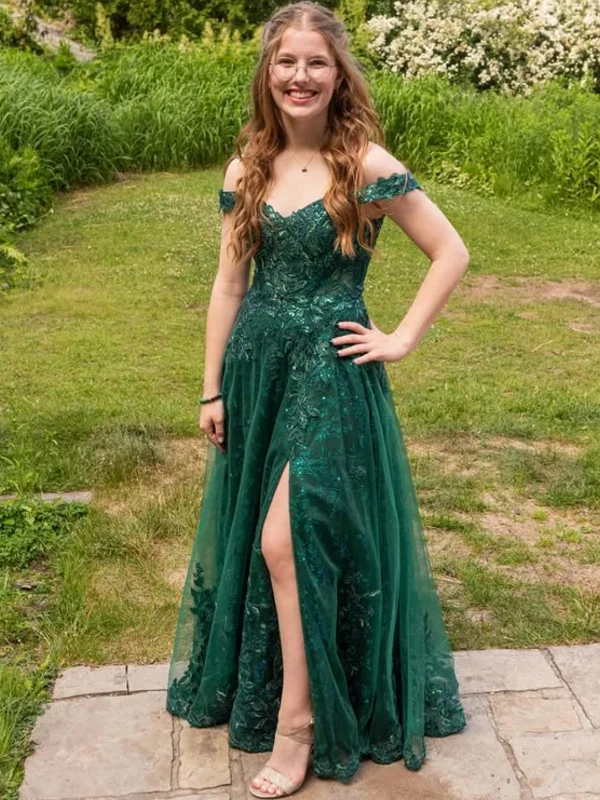 boho-chic dressboho-chic dressOff the Shoulder High Slit Green Lace Long Prom Dresses, Green Lace Formal Graduation Evening Dresses SP3103