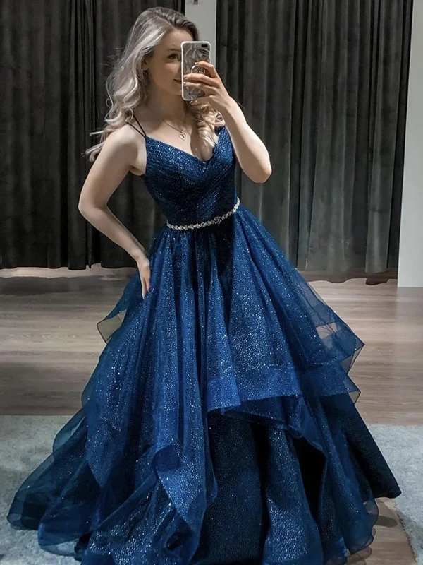 Limited Stock Shiny V Neck Navy Blue Long Prom Dresses with Belt, Fluffy Navy Blue Formal Dresses, Sparkly Blue Evening Dresses Limited Stock Shiny V Neck Navy Blue Long Prom Dresses with Belt, Fluffy Navy Blue Formal Dresses, Sparkly Blue Evening Dresses