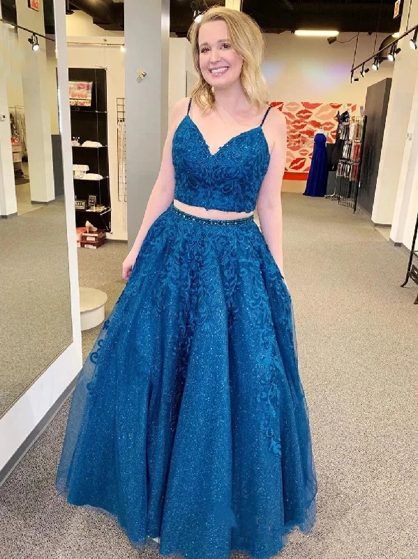 Instant Discount Sparkly A Line V Neck Two Pieces Lace Appliques Blue Prom Dresses, Two Pieces Lace Blue Formal Dresses, Blue Lace Evening Dresses
