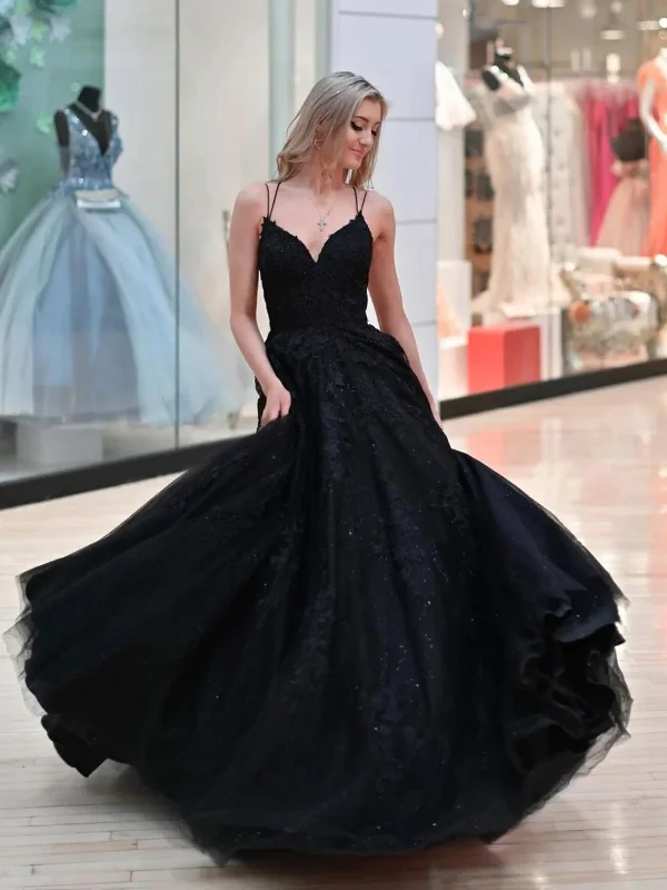 summer dresssummer dressV Neck Black Lace Long Prom Dresses, Black Lace Formal Dresses, Black Tulle Evening Dresses SP2735