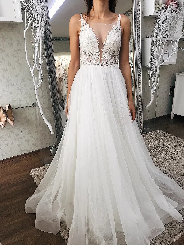 Price Drop A Line V Neck Ivory Lace Long Prom Dresses, White Lace Wedding Dresses, Ivory Formal Evening Dresses SP2106