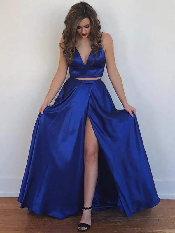 Best Bargains A Line V Neck Two Pieces Backless Royal Blue/Yellow Prom Dresses with High Slit, Two Pieces Royal Blue Formal Dresses, Backless Evening Dresses