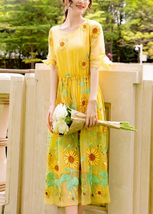 satin dresssatin dressWomen Yellow Daisy Embroideried Tie Waist Silk Vacation Dresses Flare Sleeve