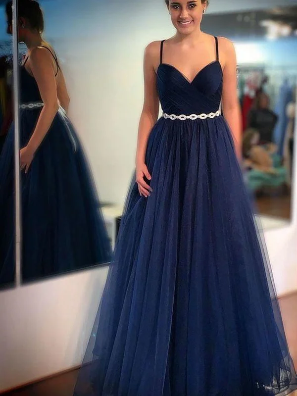 Super Bargain Charming V Neck Navy Blue Tulle Long Prom Dresses with Belt, Navy Blue Formal Graduation Evening Dresses SP2071