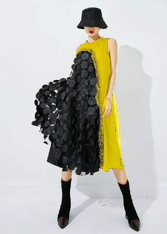 satin dresssatin dressBohemian Yellow-Black Dot Asymmetrical Patchwork Wrinkled Tulle Maxi Dress Sleeveless